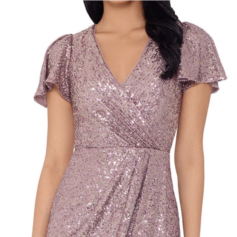 XSCAPE | Blush Pink Sequin Flutter Sleeve Surplice Tulip Midi Dress NWT Size 4 - Picture 2 of 12